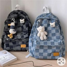 Backpack Korea Preppy High School High-capacity Student Vintage Plaid Denim Y2k Aesthetic Travel Office Lady Laptop Bag