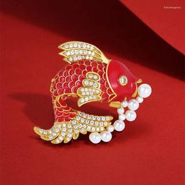 Brooches Ajojewel Red Fish Koi Carp Brooch With Pearls Rhinestone Lucky Golden Chinese Jewelry Nice Gift Ideas