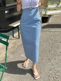 Skirts Female French Retro Plaid Fashion Long Skirt 2024 Back Slit Striaight Slim High Waist Elegant Casual Women Summer