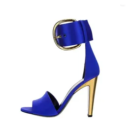 Dress Shoes Blue Satin Open Toe Gold Buckle Ankle Strap Heeled Sandals For Women