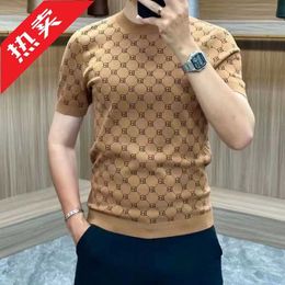 European high-end T-shirt for mens summer light luxury slim fit ice silk knitted half sleeved round neck handsome short shirt