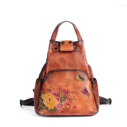 School Bags Floral Design Women Backpacks Vintage Genuine Leather Backpack Ladies Real Cow Retro Cowhide Travel Bag