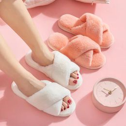 Slippers 2024 Indoor Fluffy Female Lovely Simple Autumn Winter Home Warm Outdoor Pure Color Comfortable Flat Cotton