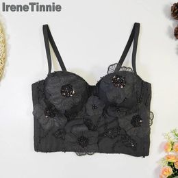 Women's Tanks IRENE TINNIE Fashion Pearl Halter Tank Top Bustier Flower Nail Bead Camisas Corset Women Backless Y2K Crop Tops Ropa De Mujer