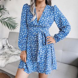 Casual Dresses Women Long Sleeve V Neck Elegant Dress French Bubble Sleeves Tie Chiffon Floral Short Bohemian Holiday