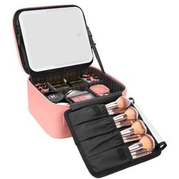 Cosmetic Organizer Relax travel makeup bag with LED mirror 3-color scene adjustable brightness waterproof makeup train case organizer Y240503