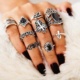 Bohemian Creative 10pcs/Set Band Ring Sets Crown Knot Black Rhinestone Designer Jewerly For Women Midi Finger Alloy Ring Accessories7260363