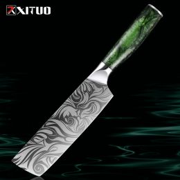 7 Inch Nakiri Knife Japanese Vegetable Knife Damascus Laser Pattern Sharp Kitchen Knife Stainless Steel Meat Cleaver Slicing Knife