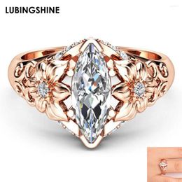 With Side Stones 2024 Arrival Rose Gold Colour Crystal Flower Finger Ring Cubic Zircon Rings For Women Romantic Wedding Jewellery