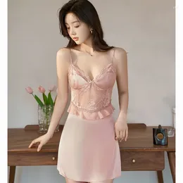 Women's Sleepwear Pink Lace Nightdress Sexy Women Suspender Nightgown Dressing Gown Summer Lady Silky Satin Bathrobe Dress Loungewear