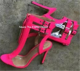 Boots Clear PVC Patchwotk Pink Black Thin Heel Short Peep Toe Transparent Ankle Buckles Stiletto Booties Big Size