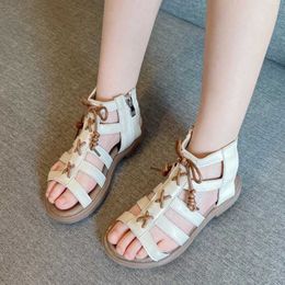 Sandals Childrens Fashion Roman Shoes for Girls 2024 New Summer Soft Sole Open-toe Kids Casual Versatile Side Zipper Flat H240504