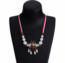 Whole Bohemian Fashion Crystal Pearl Bee Pendant Necklace Striped Ribbon Sweater Chain Women Charm Jewellery Accessories2458549