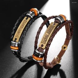 Bangle Styles Vintage Braided Rope Leather Bracelet Quality Metal Buckle Jesus Faith Men's Trend Jewellery Wholesale