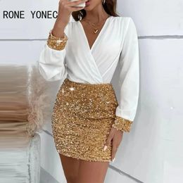 Women Chic Sequins Patchwork Deep V Neck Long Lantern Sleeves Mini Bodycon Working Dresses 240429