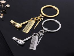 Fashion Haircut Scissor Comb Hair Dryer Keychain Key Ring Charm silver Gold Plated Key Chain bag hangs Fashion Jewelry4652470
