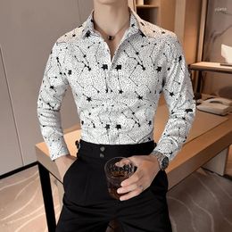 Men's Casual Shirts Social Korean Luxury Clothing Fashion Print Long Sleeve For Men All Match Slim Fit Elegant Mens Dress