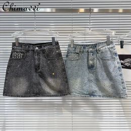 Skirts Ladies Mini 2024 Summer Clothes Fashion Streetwear Rhinestone Denim Skirt Slimming Short Elegant Women's