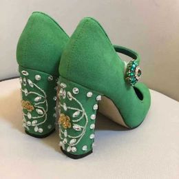 Free shipping 2024 VELOUR leather 10CM chunky diamond high heels Round toes Dress SHOES party wedding Mary Jane Hook & Loop diamond Flower buckle Green size 34-43