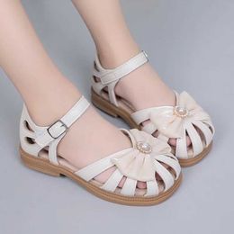 Sandals Children Princess for Girls Summer New Fashion Bow Pearl Kids Closed Toe Breathable Beach Shoes Baby Girl Roman H240504