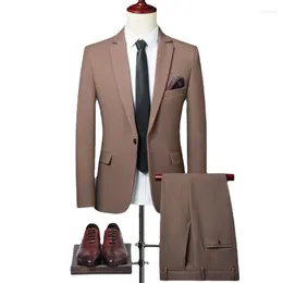 Men's Suits ( Jacket Pants ) Fashion Pure Colour Leisure Slim Fit Men Business Banquet Suit Set Trousers 3XL 4XL