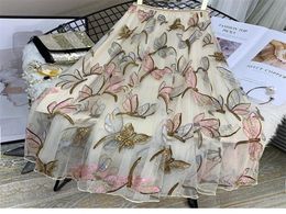 Sequin Mesh Embroidery Dragonfly Long Skirt Women039s Spring And Summer Slim High Waist Pleated Sweet Midi Tulle Skirts Female 2958640