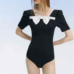 Women's Swimwear Korean Style Black Patchwork Women 2024 Front Big Bow Short Sleeve Tummy Control Pool One Piece Swimsuit Monokini