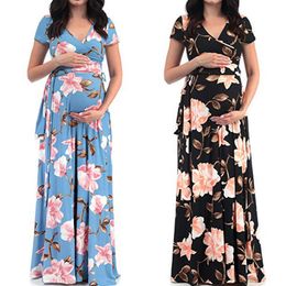 Hot Summmer Stretch Maternity dresses Fashion Pregnancy Clothing V-neck Floral Printed Pregnant Women maxi Dresses 278q