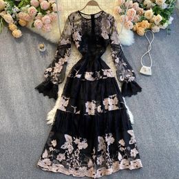 Casual Dresses Mesh Patchwork Pink Floral Embroidered Vestidos 2024 Summer Women Hollow Out Long Flare Sleeve One-Piece Maxi Dress