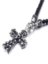 Fashion Punk Rock Black Glass Bead Skull Pendant Necklace For Men Women Stainless Steel Cross Necklaces Pendants 50CM Long Jewel1285040