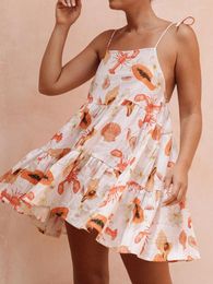 Casual Dresses Women Sleeveless Tank Dress Summer Tie Straps Crab Print Backless Loose A-Line Short Party For Vacation Beach Streetwear