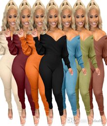 Sexy Women Jumpsuits Large Vneck Off Shoulder Thread Ribbed Bodysuit Solid Colour Rompers Long Sleeve Clubwear 7 Colours Onesies7064319