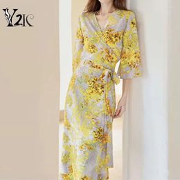 Party Dresses Y2K Clothes Holiday Korean In Fashion Chic Floral Print Bandage V-neck Ruffles Vacation Beach Boho Ladies Dress Elegant Robe