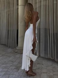 Casual Dresses Y2K 3D Floral Applique Halter Ruffle Split Long Midi Elegant Sexy Summer White Party Dress Vacation Beach