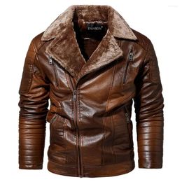 Men's Jackets Warm Fleece Classic Design PU Bomber Jacket Casual Zip Up Lapel Faux Leather For Fall Winter