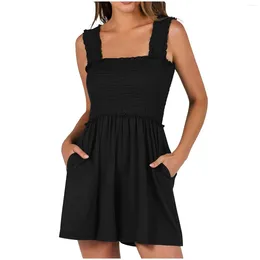 Party Dresses Women's Summer Rompers Square Neck Sleeveless Smocked Dressy Casual Romper Beach Outfits With Pockets Monos Para Mujer