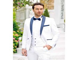 Custom Made 2018 White Groom Tuxedos Navy Blue Shawl Lapel Mens Suit Groomsman Man Wedding Prom Suits Bridegroom Man JacketP6828142