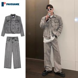 Man Hip-hop Two-piece Set Spring High Street Wash Fake Two Pieces Denim Jacketsbaggy Wide Leg Jeans Sets Male Autumn Retro Suit 240419