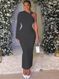 Casual Dresses Waterarea Women Draped One Long Sleeve Skew Neck Birthday Bodycon Midi Maxi Dress 2024 Autumn Winter Sexy Party Vestido