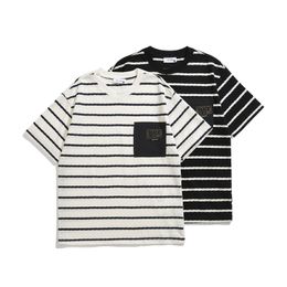 New Arrival Summer 2024 Casual Style Striped Applique Design Polyester Cotton Blend Scoop Neck Short Sleeve Breathable Men's Loose Daily Outfit T-shirt Streetwear