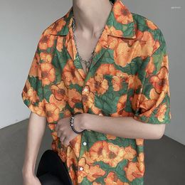 Men's Casual Shirts 2024 Streetwear Tops With Pocket Short Sleeves Floral Printed For Men Solid Blouses Lapel Collar Button Shirt A34