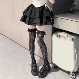 Women Socks Ruffle Trim Thigh Highs Stockings For JK Flower Lace Fishnet Long