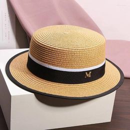 Berets 2024 Summer Straw Sun Hats For Women Ladies Fashion R Letter Buckle Flat Brim Beach Hat Outdoor Travel Holiday Sunshade Cap