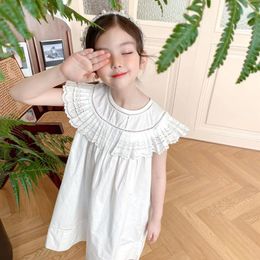 Girl Dresses Summer Baby Girls Clothes Kids Heavy Embroidery Hollow Lotus Leaf Neck White Princess Dress