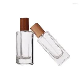 Storage Bottles 6pcs Wood Lid Crimp Pump Cosmetic Packing 50ml Clear Square Thick Bottom Perfume Glass Refillable