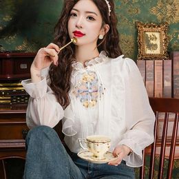 Women's Blouses Beads Embroidery Frog Button Shirt 2024 Spring Summer Clothes Ruffled Chiffon Patchwork Long Sleeve Blouse White Tops