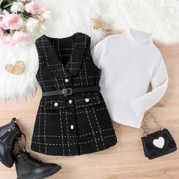 Clothing Sets Baby Girl Plaid Outfits Long Sleeve Ribbed Knit Tops Pearl Button Houndstooth Skirts Toddler Fall Clothes 2Pcs