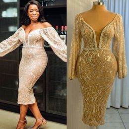 2024 Aso Ebi Gold Sheath Illusion Prom Dress Sequined Lace Evening Formal Party Second Reception 50th Birthday Engagement Gowns Dresses Robe De Soiree ZJ339