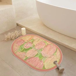 Carpets Oil Painting Flower Bathroom Floor Mat Toilet Anti-skid Water Absorption High Drainage Oval Carpet