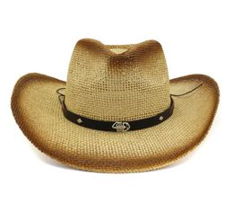 Women Brown Spray Paint Cowboy Straw Hat Belt Metal Scorpion Decor Ladies Wide Brim Sun Visor Cap Casual Beach Sunhat2926798